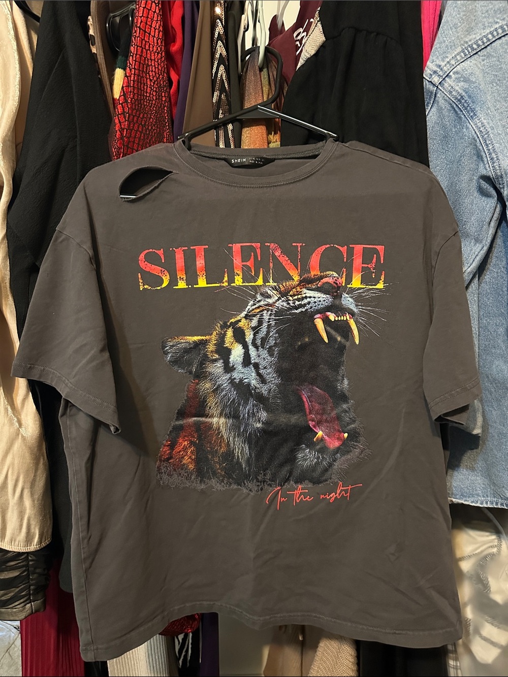 SILENCE Graphic Tiger Tee - Charcoal with Red & Yellow Print